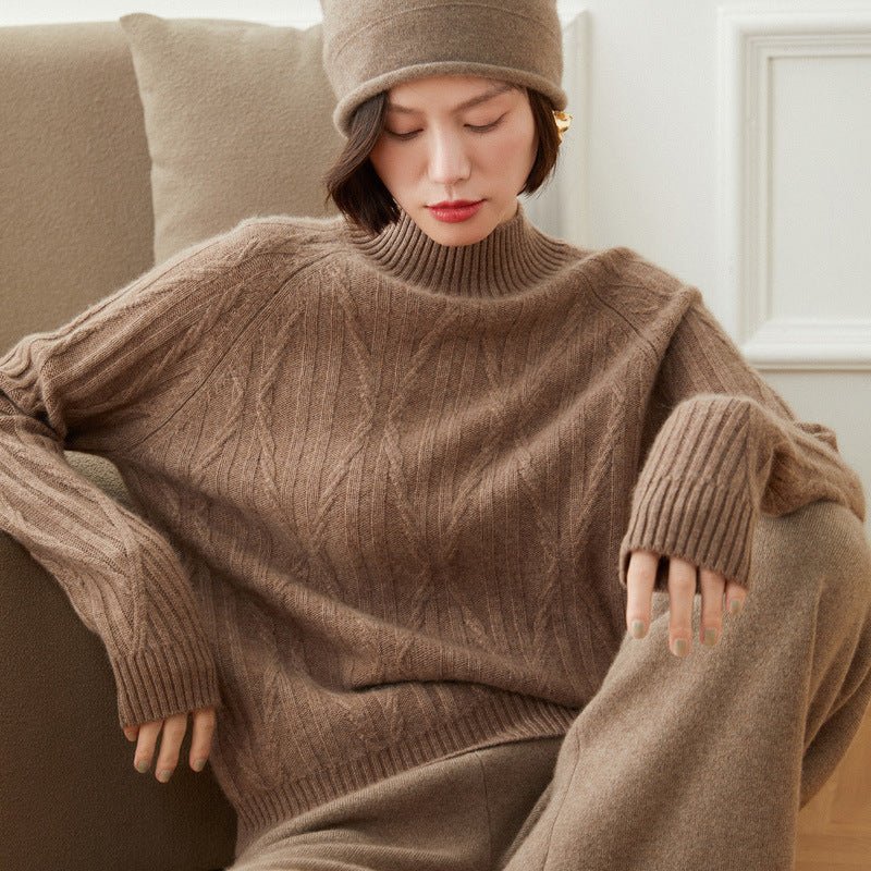 Womens Diamond Knit Turtleneck Long Sleeve Cashmere Sweater Taupe XS