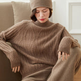 Womens Diamond Knit Turtleneck Long Sleeve Cashmere Sweater Taupe XS