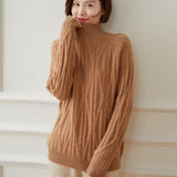 Womens Diamond Knit Turtleneck Long Sleeve Cashmere Sweater Camel XS
