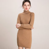 Womens Turtleneck Cashmere Dress Long Sleeve Knit Mini Sweater Dress Camel XS