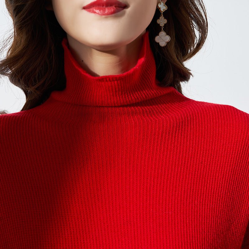 Womens Cashmere Knit Turtleneck Dress Long Sleeve Bodycon Midi Dresses Red XS