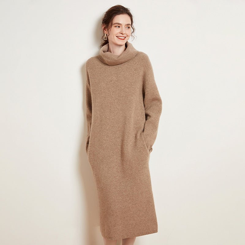 Womens Cashmere Knit Midi Dress Long Sleeve Cowl Neck Turtleneck Dress Taupe XS