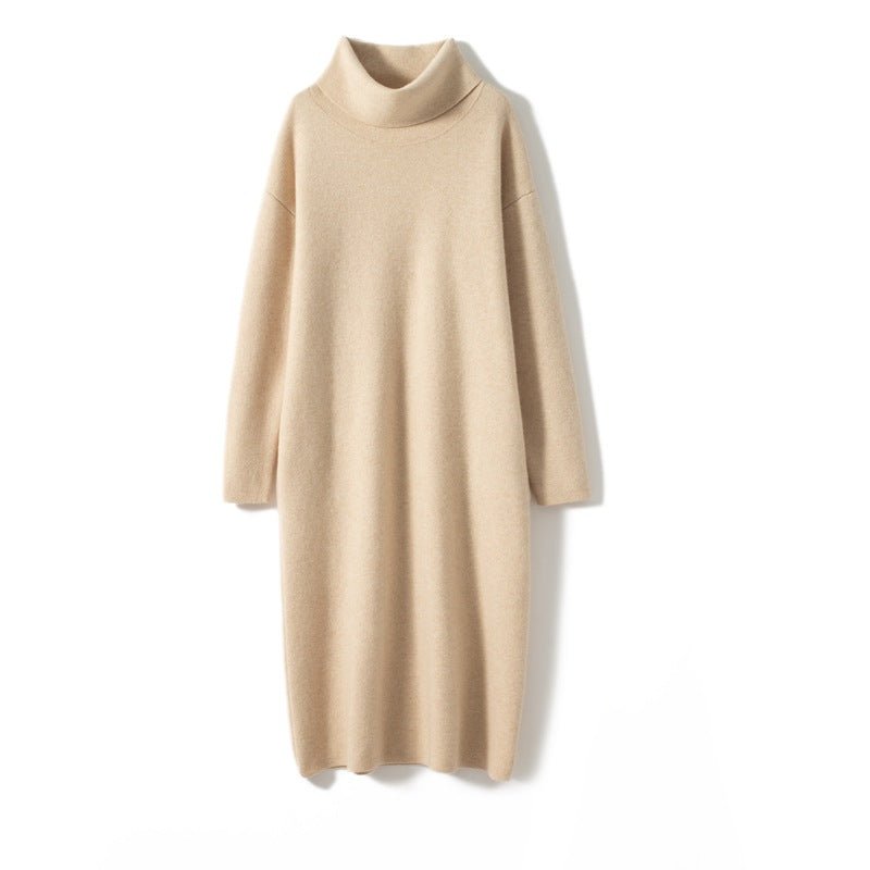 Womens Cashmere Knit Midi Dress Long Sleeve Cowl Neck Turtleneck Dress Beige XS