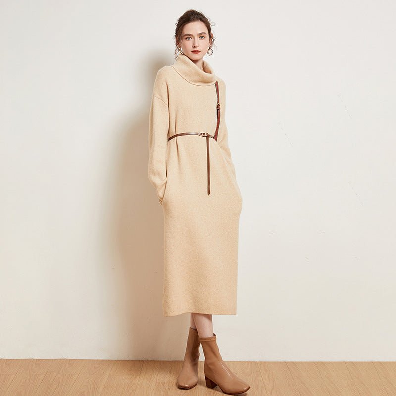 Womens Cashmere Knit Midi Dress Long Sleeve Cowl Neck Turtleneck Dress Beige XS