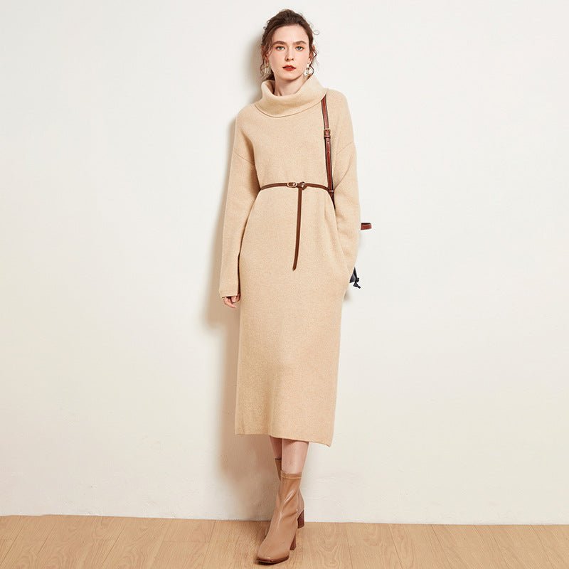 Womens Cashmere Knit Midi Dress Long Sleeve Cowl Neck Turtleneck Dress Beige XS