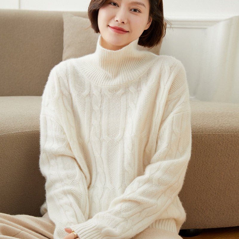 Womens Cable Knit Mock Neck Long Sleeve Cashmere Sweater Ivory XS