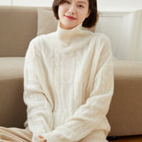 Womens Cable Knit Mock Neck Long Sleeve Cashmere Sweater Ivory XS