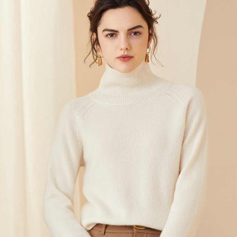 Womens Ribbed Turtleneck Long Sleeve Cashmere Sweater Pullover Ivory XS