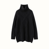 Womens Turtleneck Cashmere Sweater Diamond Cable Knit Cashmere Pullover Black XS