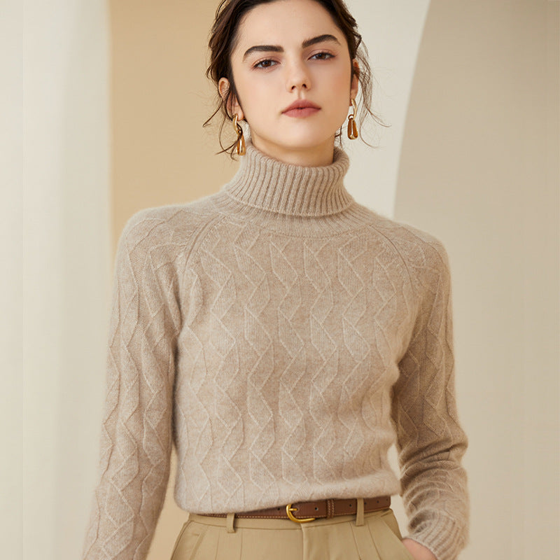 Womens Cashmere Turtleneck Sweater Diamond Knit Long Sweater Beige XS