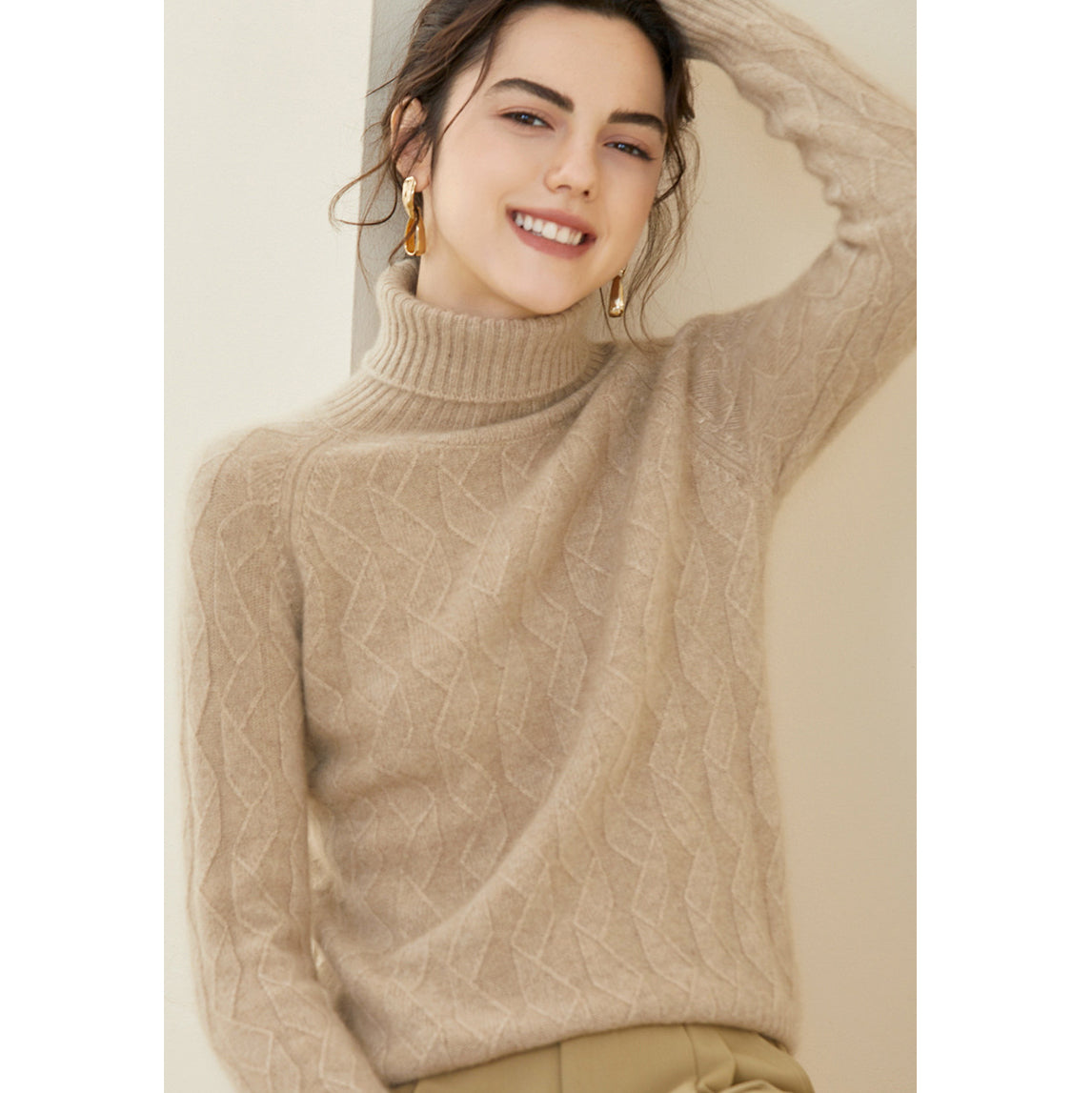 Womens Cashmere Turtleneck Sweater Diamond Knit Long Sweater Beige XS