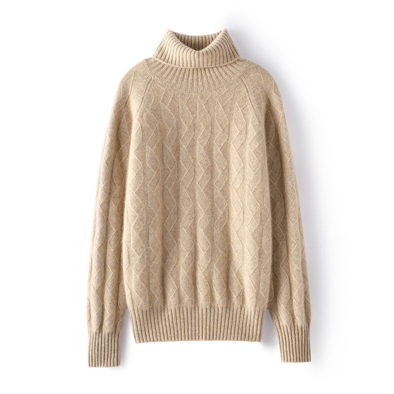 Womens Cashmere Turtleneck Sweater Diamond Knit Long Sweater Beige XS