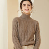 Womens Cashmere Turtleneck Sweater Diamond Knit Long Sweater Taupe XS