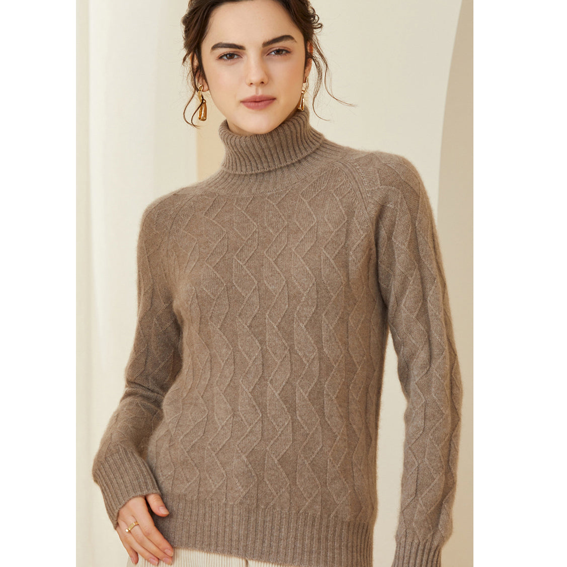 Womens Cashmere Turtleneck Sweater Diamond Knit Long Sweater Taupe XS