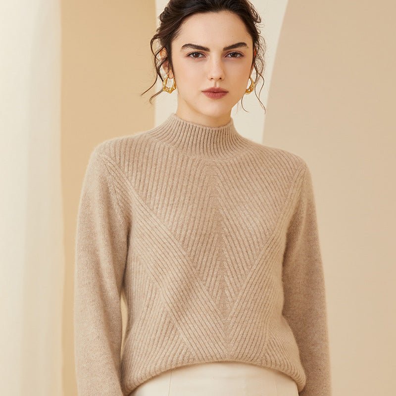 Womens Cashmere Mock Neck Sweater With Chevron Ribbed Detailing Beige XS