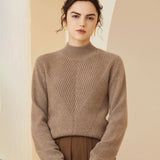 Womens Cashmere Mock Neck Sweater With Chevron Ribbed Detailing Taupe XS