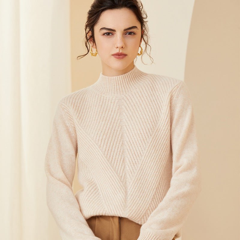 Womens Cashmere Mock Neck Sweater With Chevron Ribbed Detailing Ivory XS