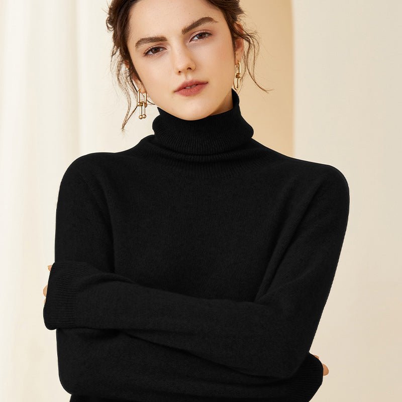 Womens Turtleneck Cashmere Sweater Pile Collar Cashmere Pullover Black XS