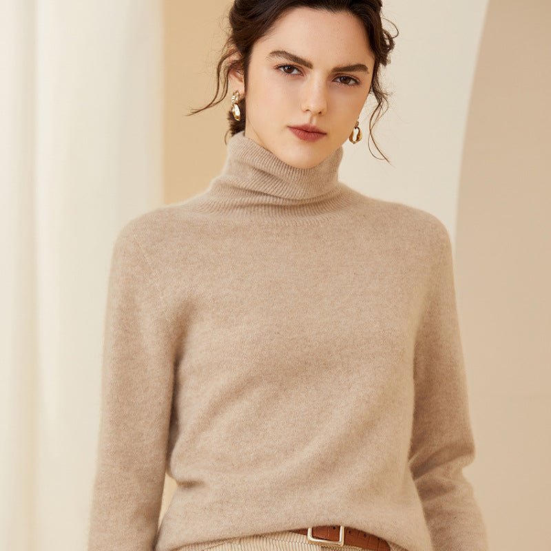 Womens Turtleneck Cashmere Sweater Pile Collar Cashmere Pullover Beige XS