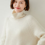 Womens Turtleneck Cashmere Sweater Ribbed Pullover Warm Cashmere Tops Ivory XS