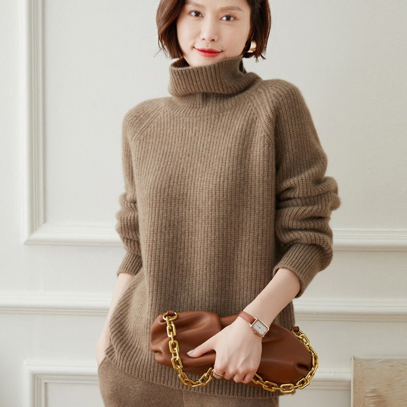 Womens Turtleneck Cashmere Sweater Ribbed Pullover Warm Cashmere Tops Taupe XS