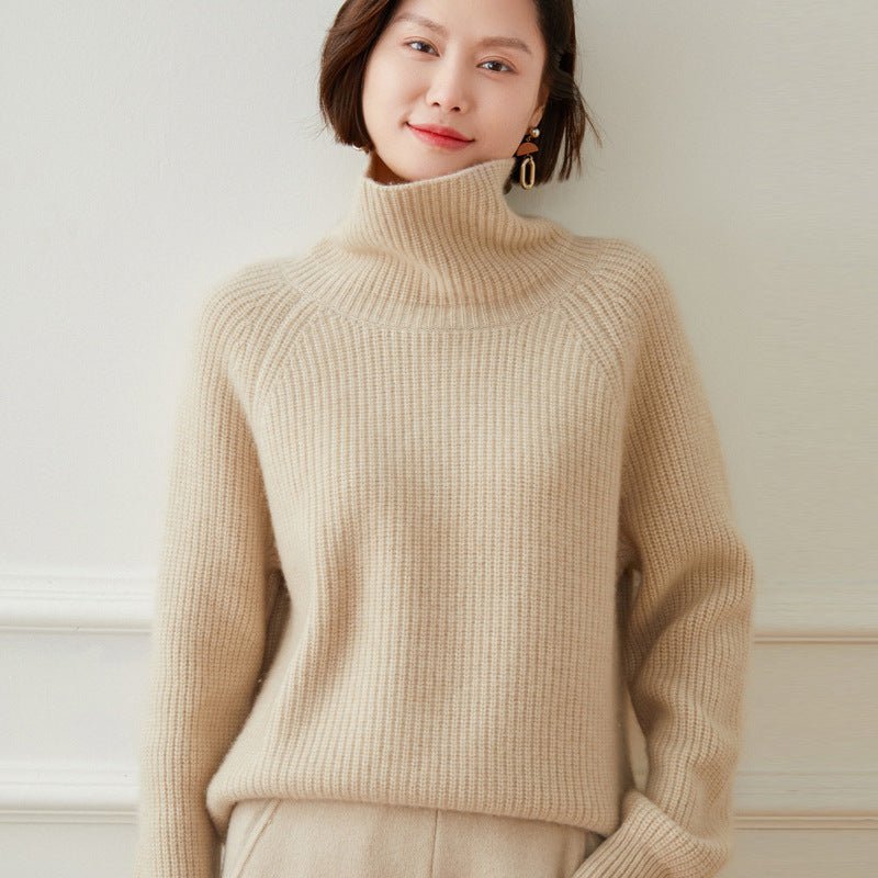 Womens Turtleneck Cashmere Sweater Ribbed Pullover Warm Cashmere Tops Beige XS