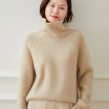 Womens Turtleneck Cashmere Sweater Ribbed Pullover Warm Cashmere Tops Beige XS