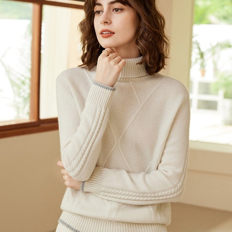 Womens Turtleneck Pure Cashmere Sweater Long Sleeve Knit Pullover Ivory XS