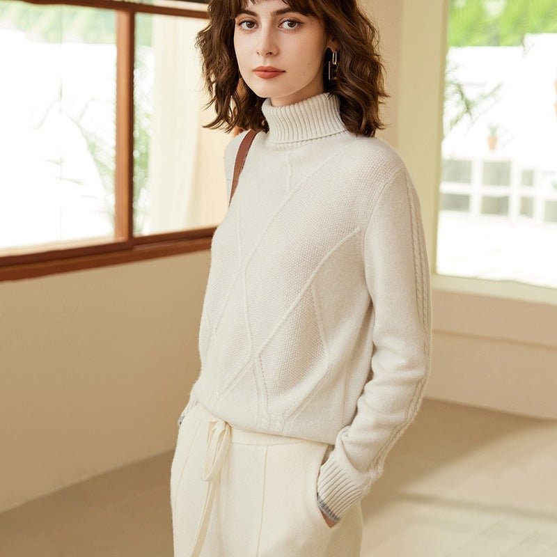 Womens Turtleneck Pure Cashmere Sweater Long Sleeve Knit Pullover Ivory XS
