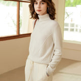 Womens Turtleneck Pure Cashmere Sweater Long Sleeve Knit Pullover Ivory XS