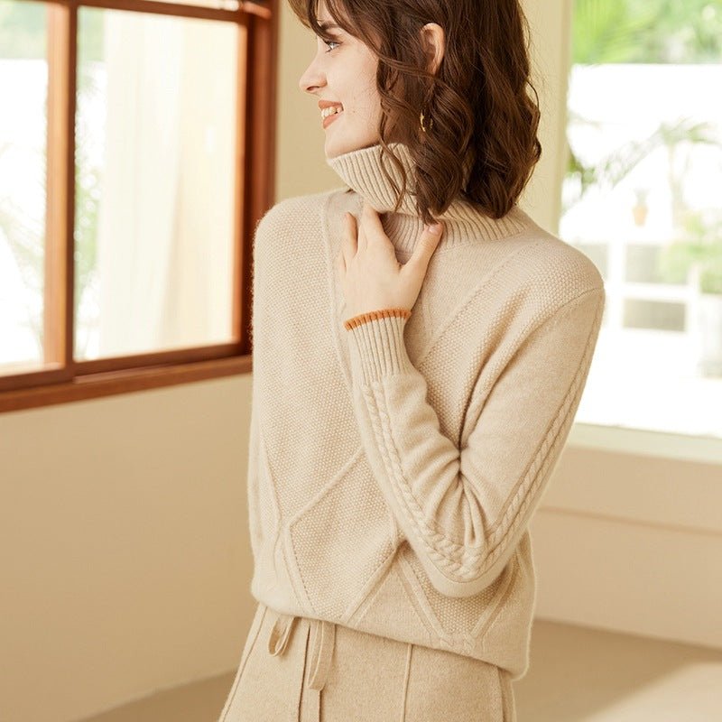 Womens Turtleneck Pure Cashmere Sweater Long Sleeve Knit Pullover Ivory XS