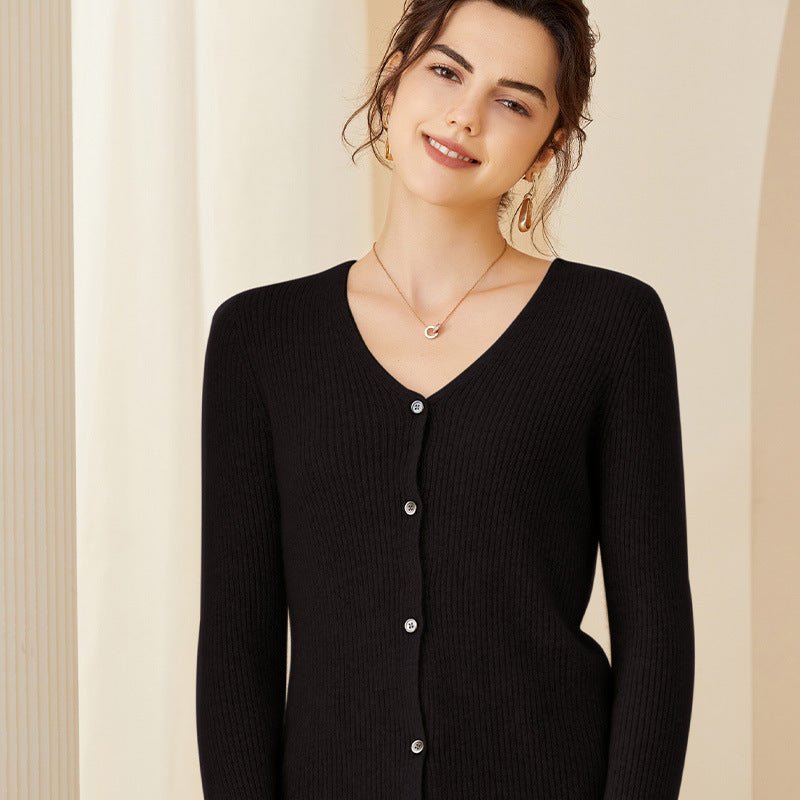 Womens Ribbed Knit Cashmere Cardigan V - Neck Long Sleeve Cashmere Coat Black XS