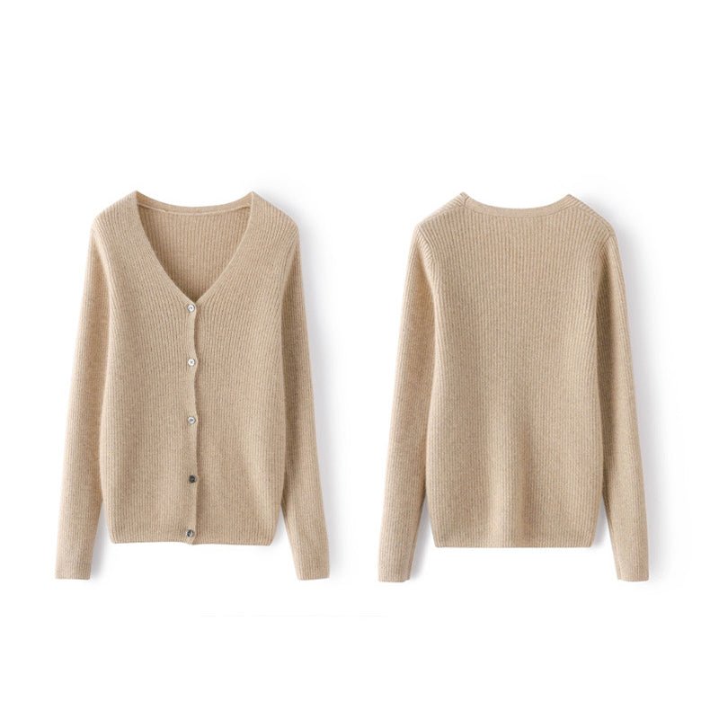 Womens Ribbed Knit Cashmere Cardigan V - Neck Long Sleeve Cashmere Coat Ivory XS