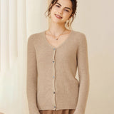 Womens Ribbed Knit Cashmere Cardigan V - Neck Long Sleeve Cashmere Coat Beige XS