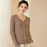 Womens Ribbed Knit Cashmere Cardigan V - Neck Long Sleeve Cashmere Coat Taupe XS