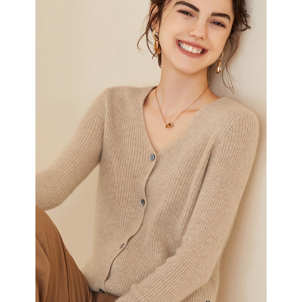 Womens Ribbed Knit Cashmere Cardigan V - Neck Long Sleeve Cashmere Coat Beige XS