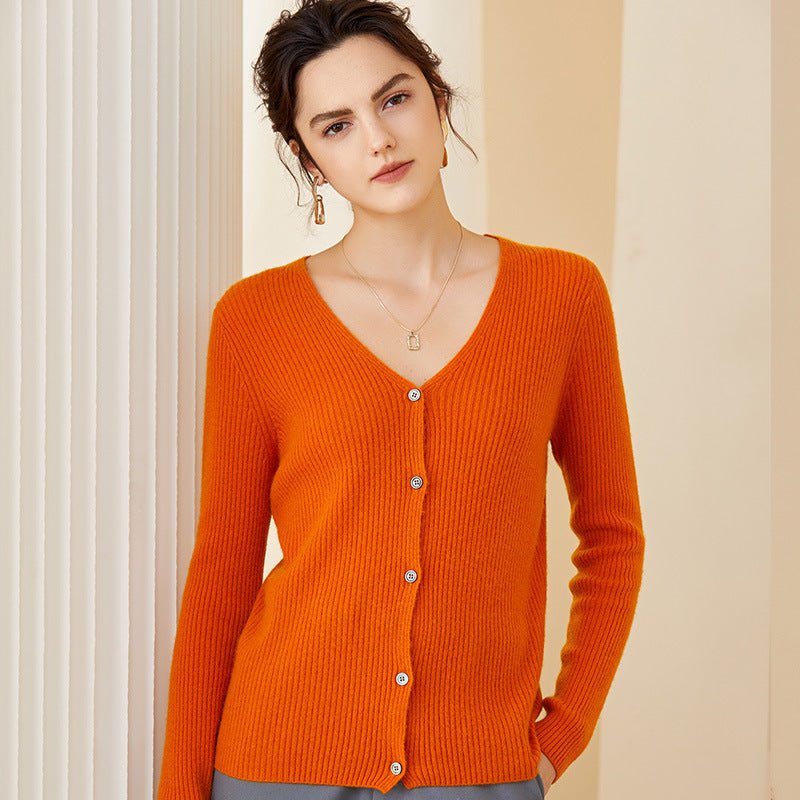 Womens Ribbed Knit Cashmere Cardigan V - Neck Long Sleeve Cashmere Coat Orange XS