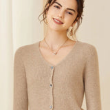 Womens Ribbed Knit Cashmere Cardigan V - Neck Long Sleeve Cashmere Coat Beige XS