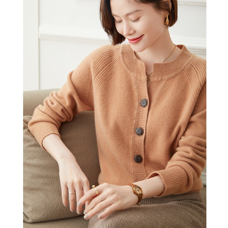 Ladies Crew Neck Cashmere Cardigan Ribbed Trim Button - up Cashmere Coat Camel XS