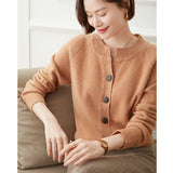 Ladies Crew Neck Cashmere Cardigan Ribbed Trim Button - up Cashmere Coat Camel XS
