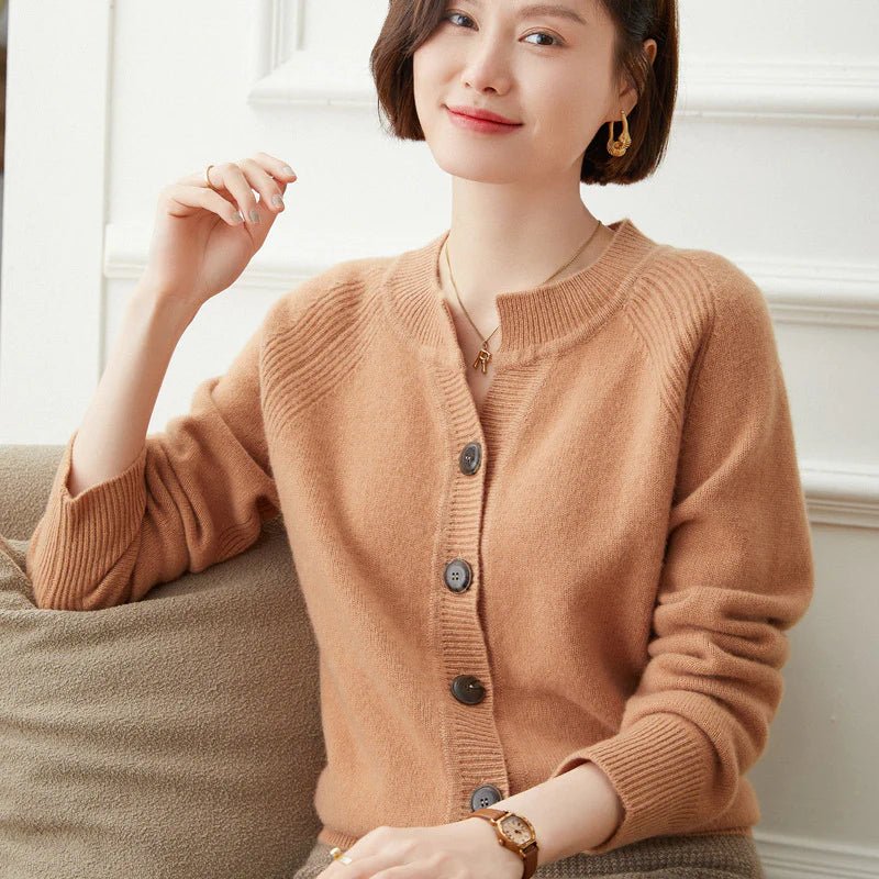 Ladies Crew Neck Cashmere Cardigan Ribbed Trim Button - up Cashmere Coat Camel XS