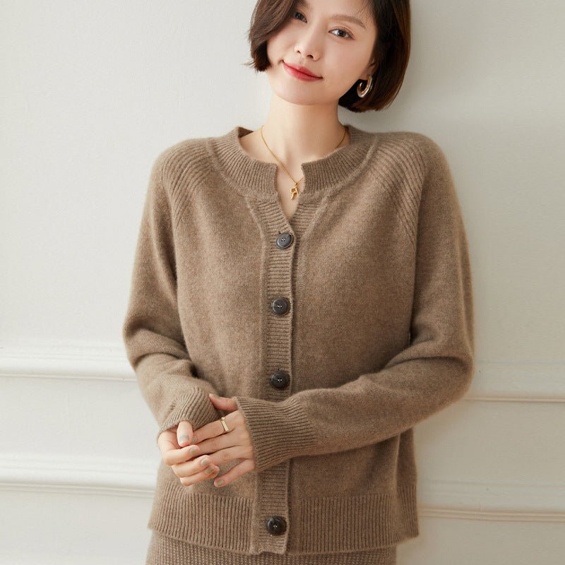 Ladies Crew Neck Cashmere Cardigan Ribbed Trim Button - up Cashmere Coat Taupe XS