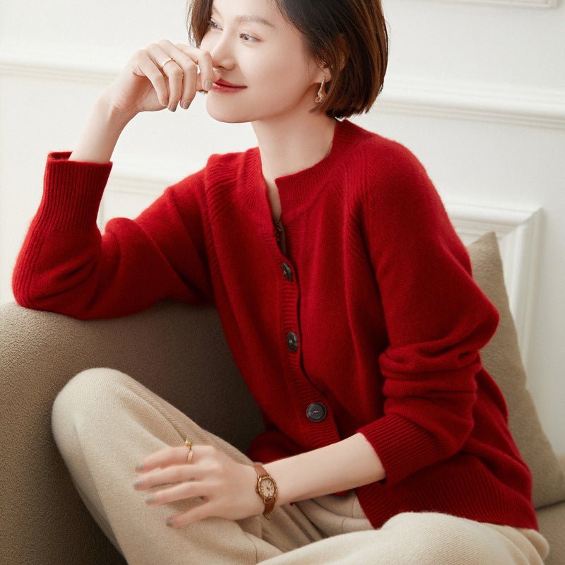 Ladies Crew Neck Cashmere Cardigan Ribbed Trim Button - up Cashmere Coat Claret XS