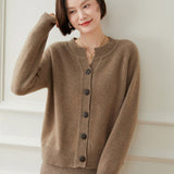 Ladies Crew Neck Cashmere Cardigan Ribbed Trim Button - up Cashmere Coat Taupe XS