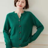 Ladies Crew Neck Cashmere Cardigan Ribbed Trim Button - up Cashmere Coat Green XS