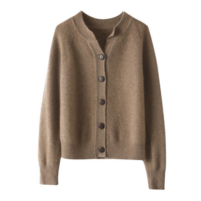 Ladies Crew Neck Cashmere Cardigan Ribbed Trim Button - up Cashmere Coat Taupe XS