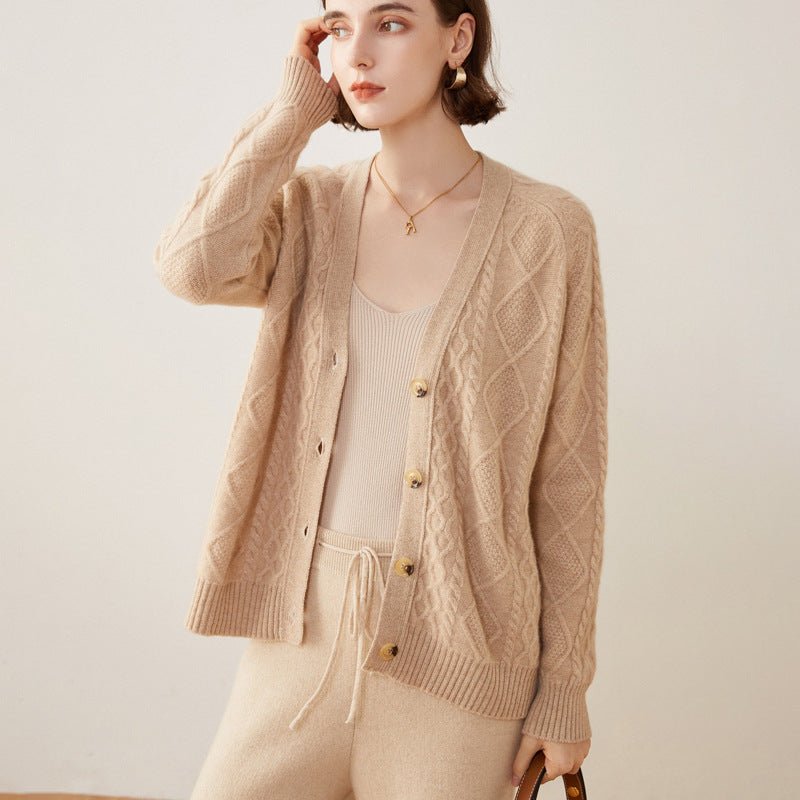 Womens Cable Knit V - Neck Cashmere Cardigan Button - up Sweater Coat Beige XS