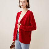 Womens Cable Knit V - Neck Cashmere Cardigan Button - up Sweater Coat Red XS