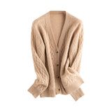 Womens Cable Knit V - Neck Cashmere Cardigan Button - up Sweater Coat Beige XS
