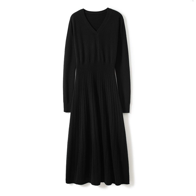 Womens Cashmere Ribbed Knit A - Line Dress Long Sleeve V Neck Midi Dress Black XS